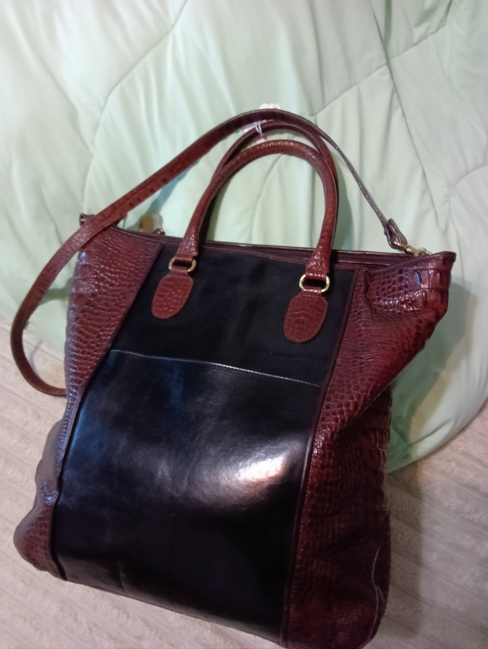 Brahmin Tuscan Vintage Leather Croc Two-Tone Tote Bag in Black and Brown